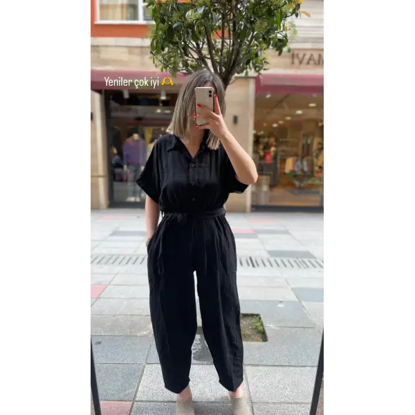 Siyah Keten Şalvar Tulum