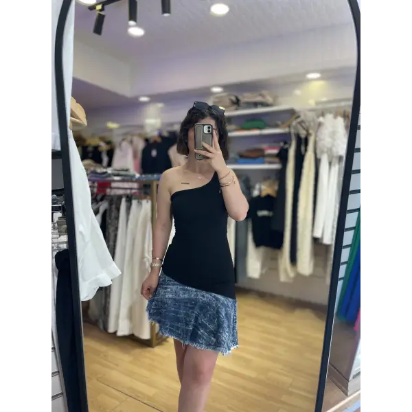 Tasarım denim detaylı mix asimetrik elbise