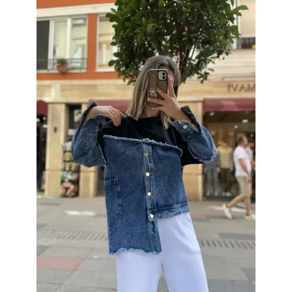 Tasarım Düğmeli Siyah Sweat