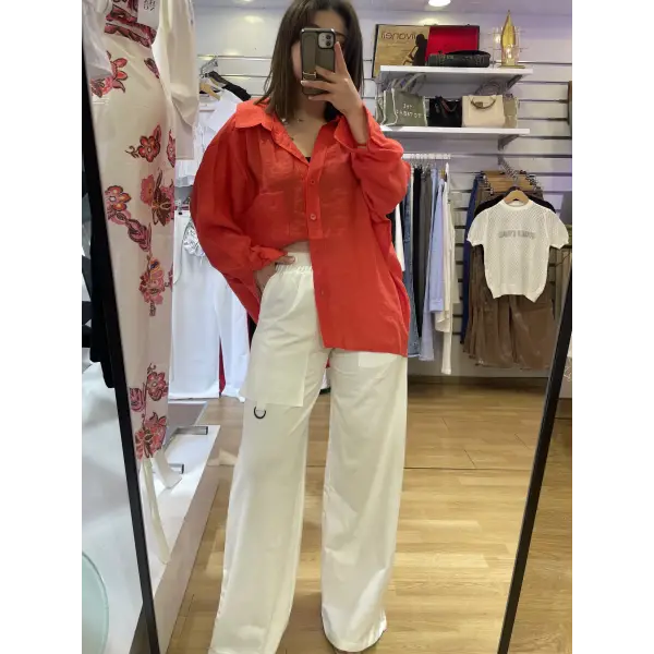 Tasarım ekru beli lastikli yüksek bel palazzo