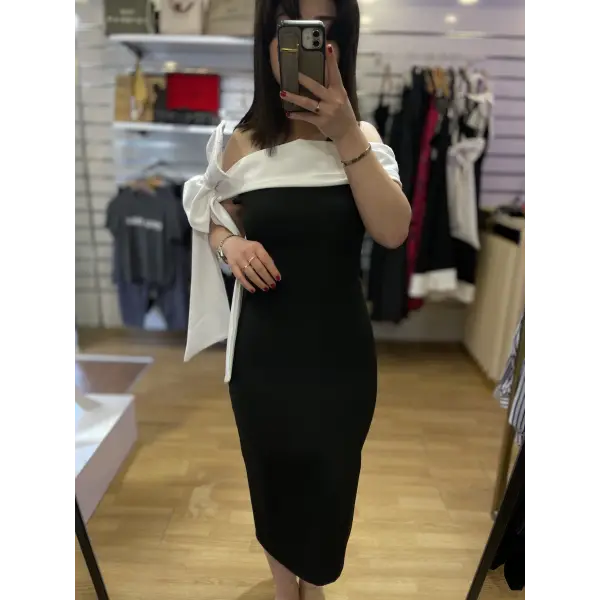 Tasarım fiyonk detaylı straplez midi elbise