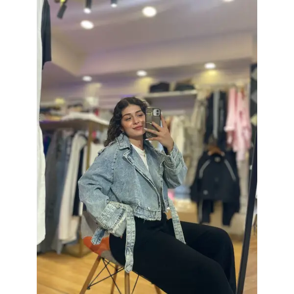 tasarım kemer detaylı gramajlı denim ceket