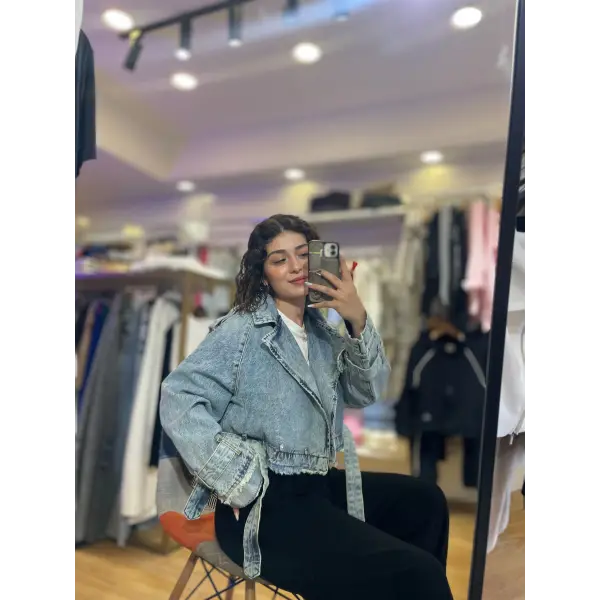 tasarım kemer detaylı gramajlı denim ceket