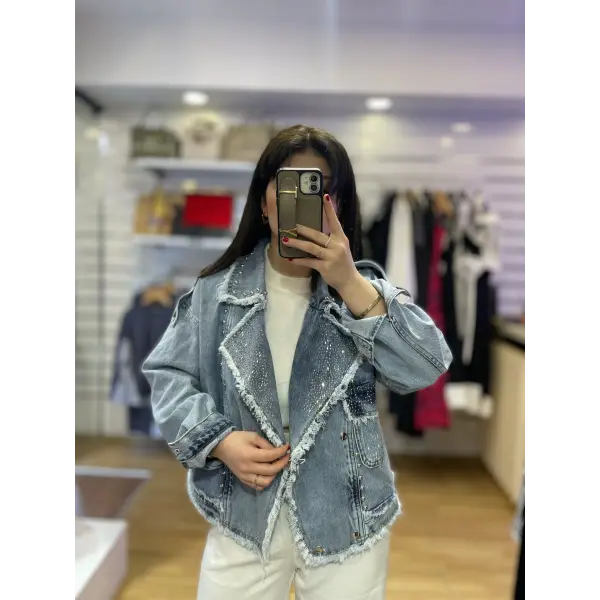 Tasarım taş detaylı denim ceket