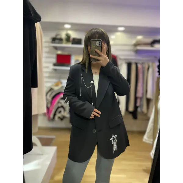 Tasarım Taş Detaylı Siyah Blazer Ceket