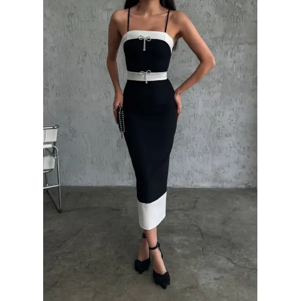 Tasarım taş fiyonk detaylı siyah elbise