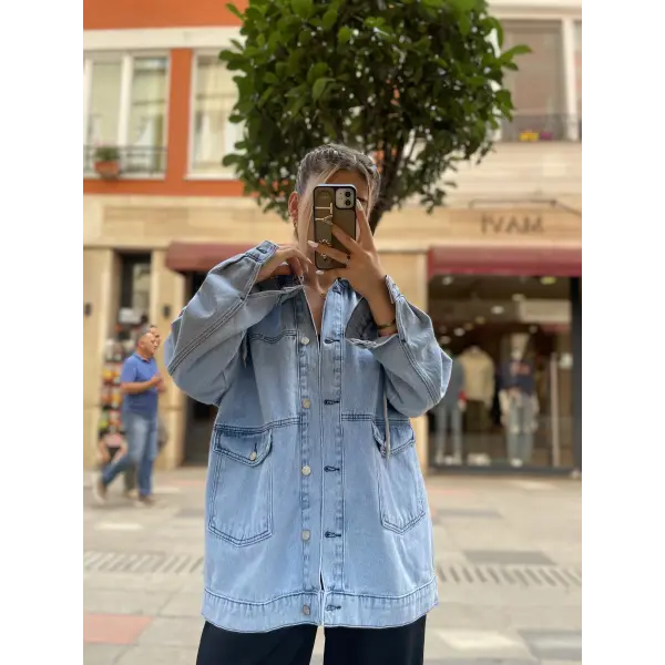 Washington Baskılı Oversize Denim Ceket