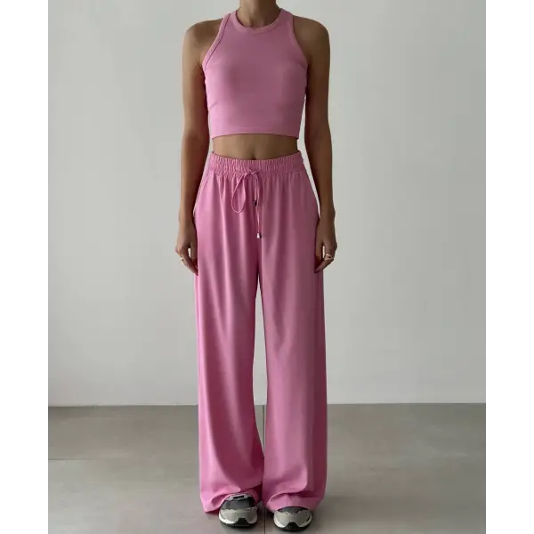 Yüksek bel beli lastikli kusur örtücü pembe palazzo