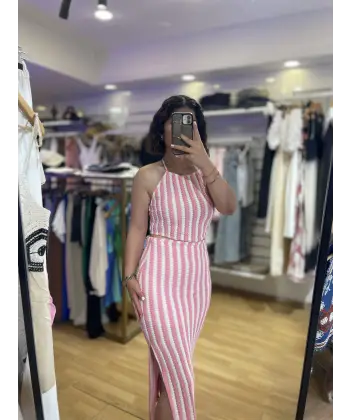 Ajurlu pembe çizgili triko takım