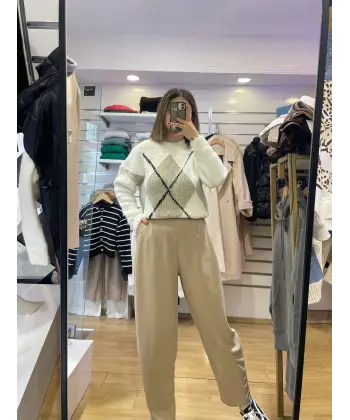 Arka Beli Lastikli Şalvar Pantolon