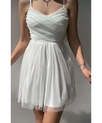 Astarlı Tül Kumaş Prenses Tasarım Beyaz Abiye Elbise