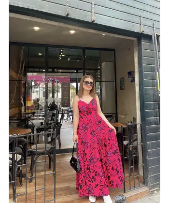 Bağlama detaylı renkli uzun elbise