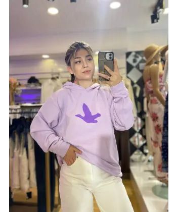 Kuş Nakışlı Kapüşonlu Sweatshirt