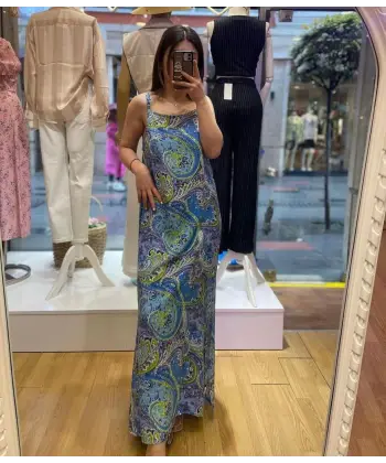 Desenli İp Askılı Uzun Elbise