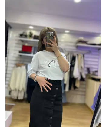 Düğmeli Midi Boy Siyah Kot Etek