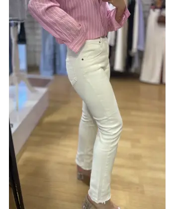 Ekru flare kesim yüksek bel likralı jean