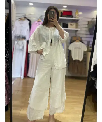 Ekru keten gömlekli kesik paça takım