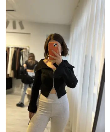 Fermuar detaylı bardot yaka triko