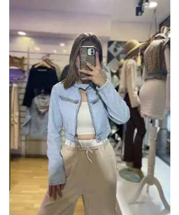 Fermuar Detaylı Kısa Denim Ceket