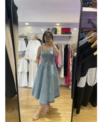 Kalp yaka midi boy denim elbise