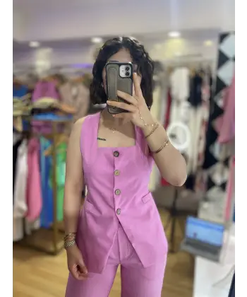 Kare yaka yelekli keten takım