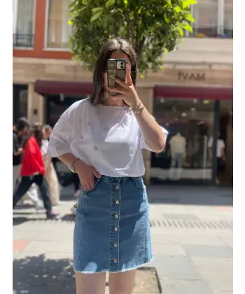 Karol Düğmeli Kot Etek