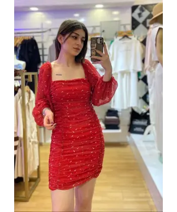 Kırmızı Şifon Kol Elbise