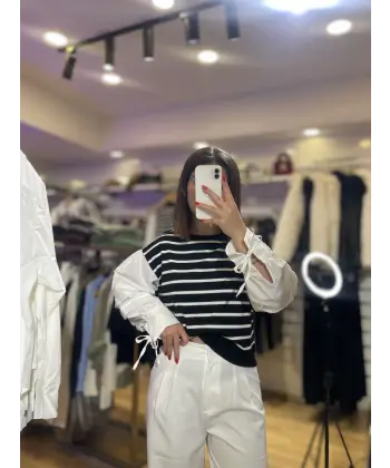 Kol gömlek detaylı çizgili basic