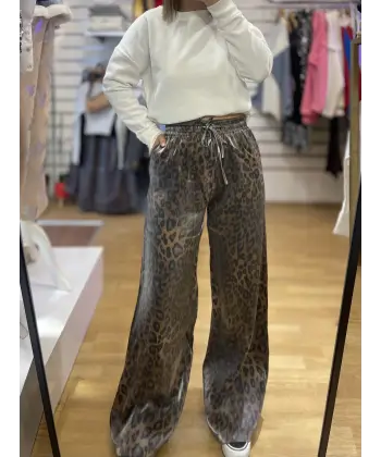 Leopar desenli beli lastikli saten palazzo