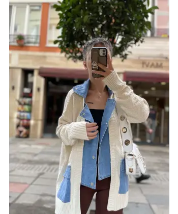 Marka Model Denim Detaylı Bej Hırka