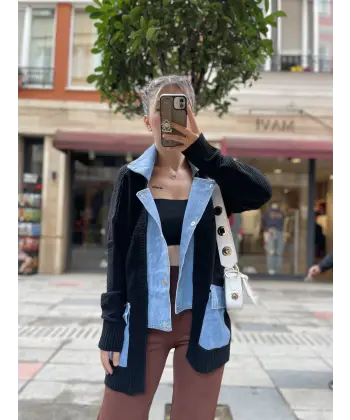 Marka Model Denim Detaylı Siyah Hırka