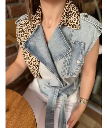 Marka Model Leopar Desenli Denim Yelek
