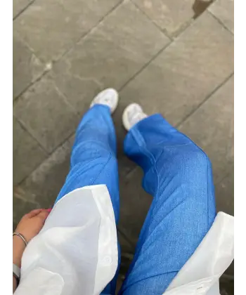 Mavi Beli Lastikli Palazzo Pantolon