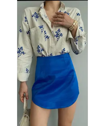 Mavi Desenli Baskılı Keten Gömlek