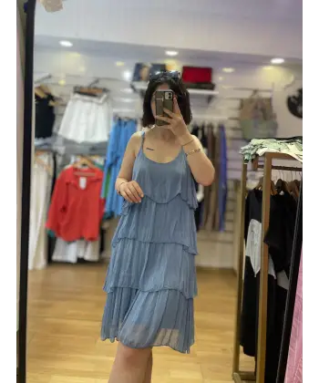 Mavi ip askılı kat kat ithal ipek elbise