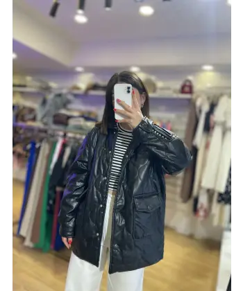 Oversize siyah deri astarlı kapitone mont