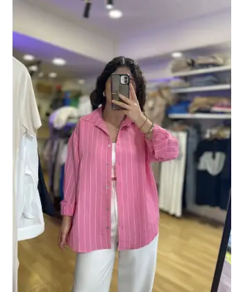 Pembe çizgili tensel gömlek
