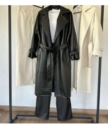 Premium Siyah Deri Trenç