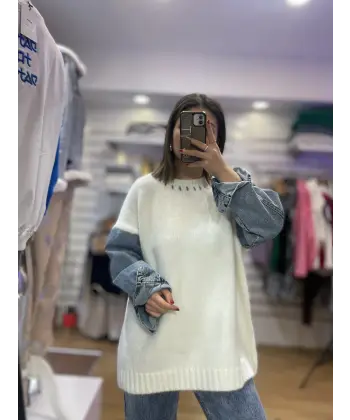 Premıum Tasarım Denim Detaylı Kazak