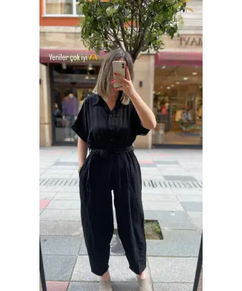 Siyah Keten Şalvar Tulum