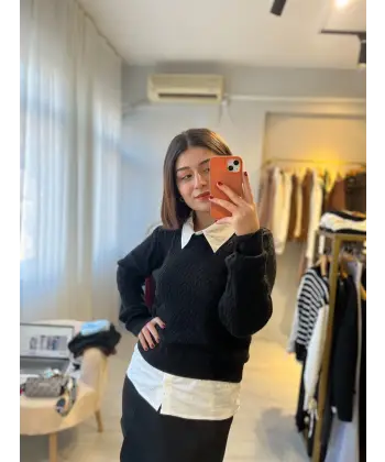 Taş detaylı triko birleşik gömlek