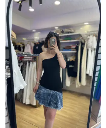 Tasarım denim detaylı mix asimetrik elbise