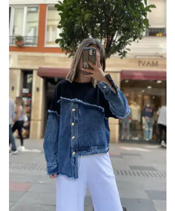 Tasarım Düğmeli Siyah Sweat