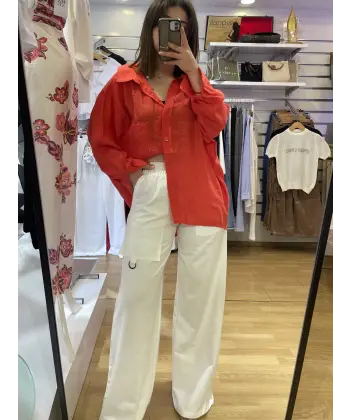 Tasarım ekru beli lastikli yüksek bel palazzo