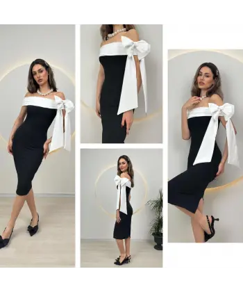 Tasarım fiyonk detaylı straplez midi elbise