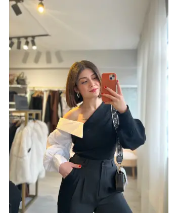 Tasarım gömlek detaylı düşük omuz triko