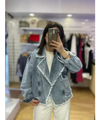 Tasarım taş detaylı denim ceket