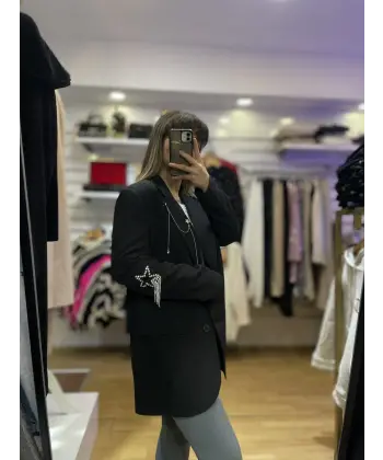 Tasarım Taş Detaylı Siyah Blazer Ceket