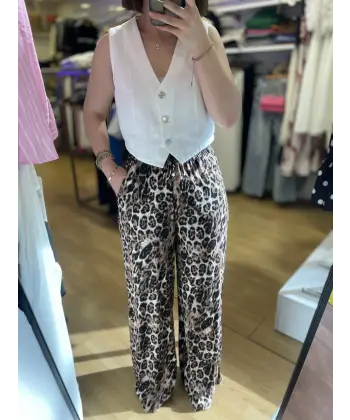 Viskon leopar beli lastikli palazzo