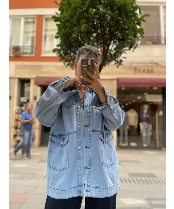 Washington Baskılı Oversize Denim Ceket